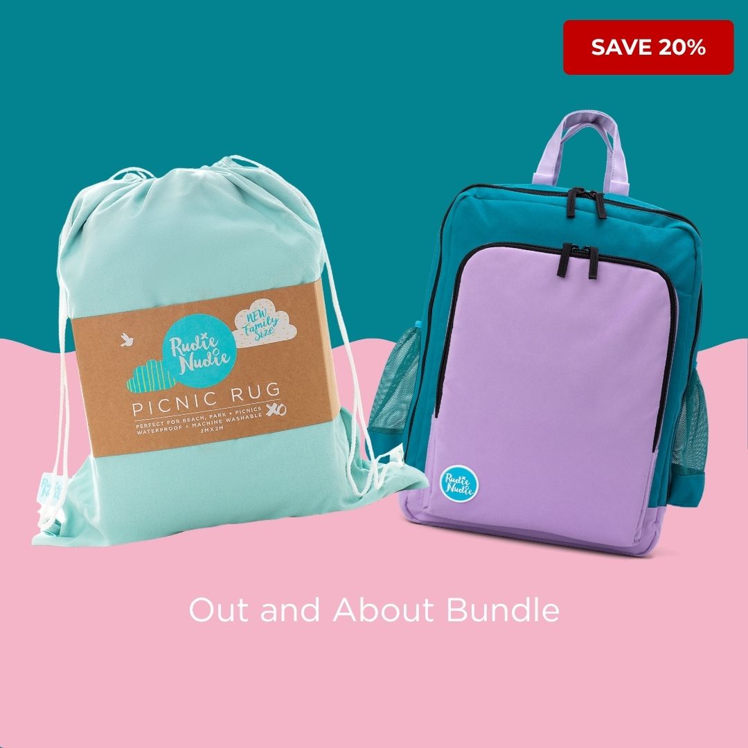 the out and about bundle with mint picnic rug carry bag and lilac on teal parents nappy backpack